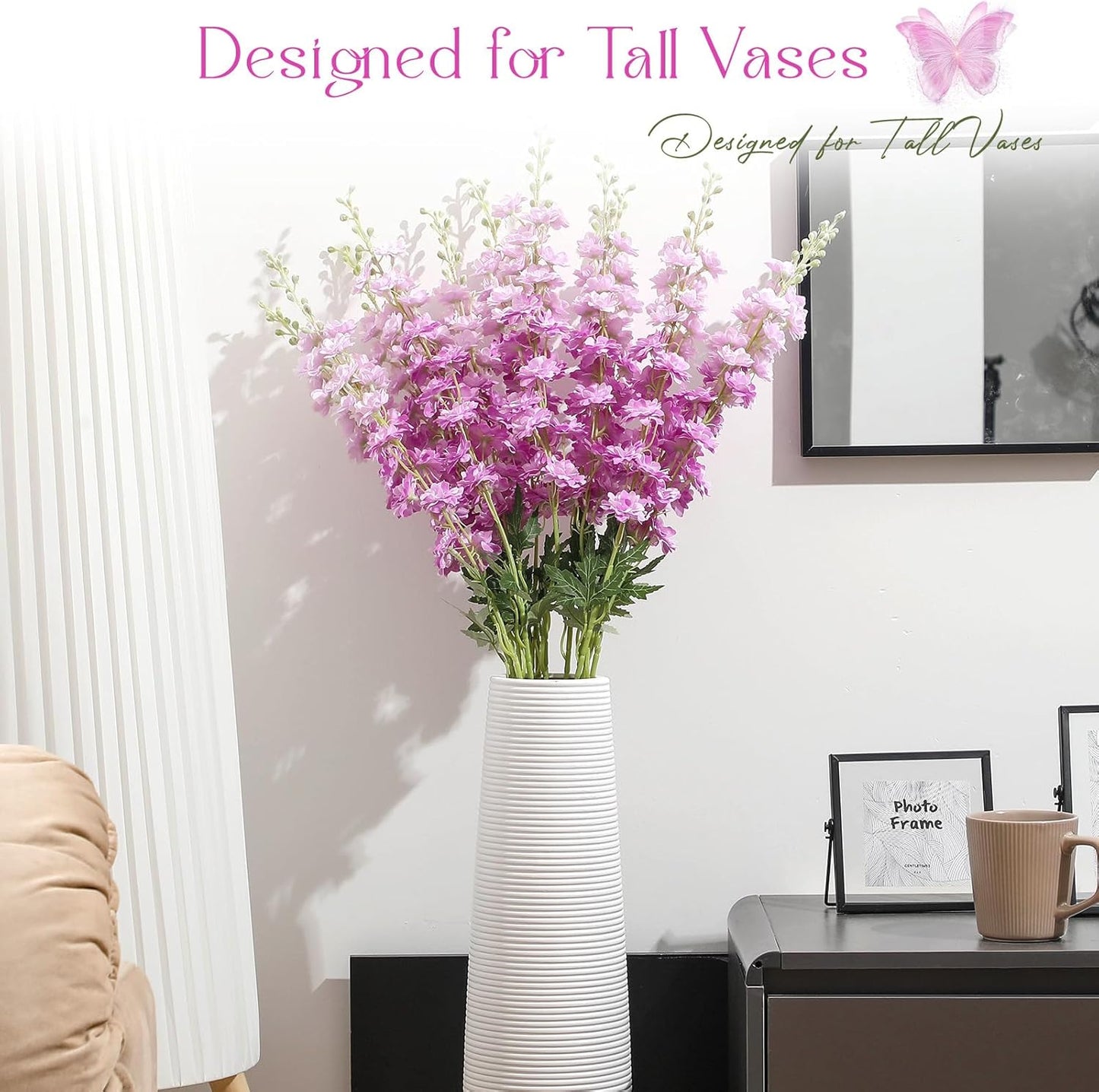 Thiccywoov 12 Pcs Delphinium Artificial Flowers, 33.5'' Long Stem Lifelike Faux Silk Flower Fake Look Real Bouquet for Tall Vase DIY Wedding Party Home Kitchen Arrangement Decor(White)