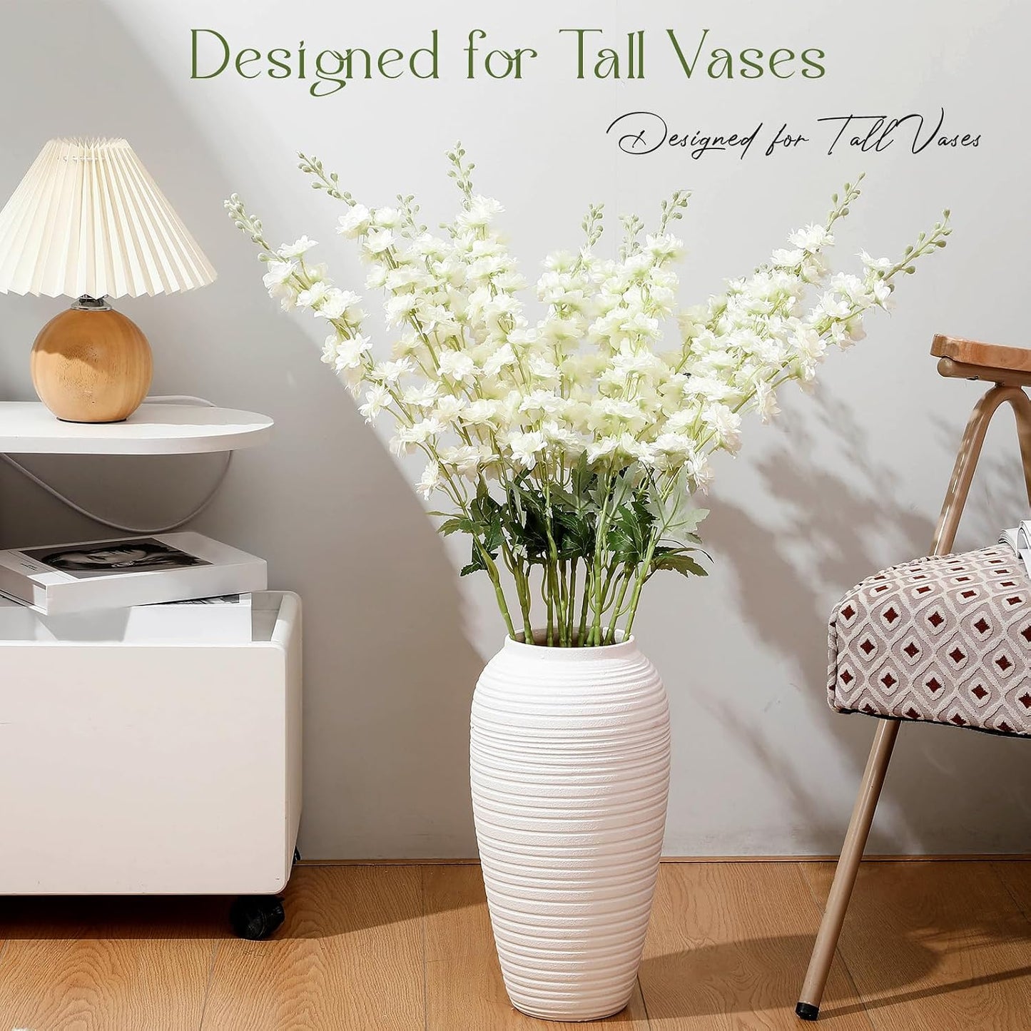Thiccywoov 12 Pcs Delphinium Artificial Flowers, 33.5'' Long Stem Lifelike Faux Silk Flower Fake Look Real Bouquet for Tall Vase DIY Wedding Party Home Kitchen Arrangement Decor(White)