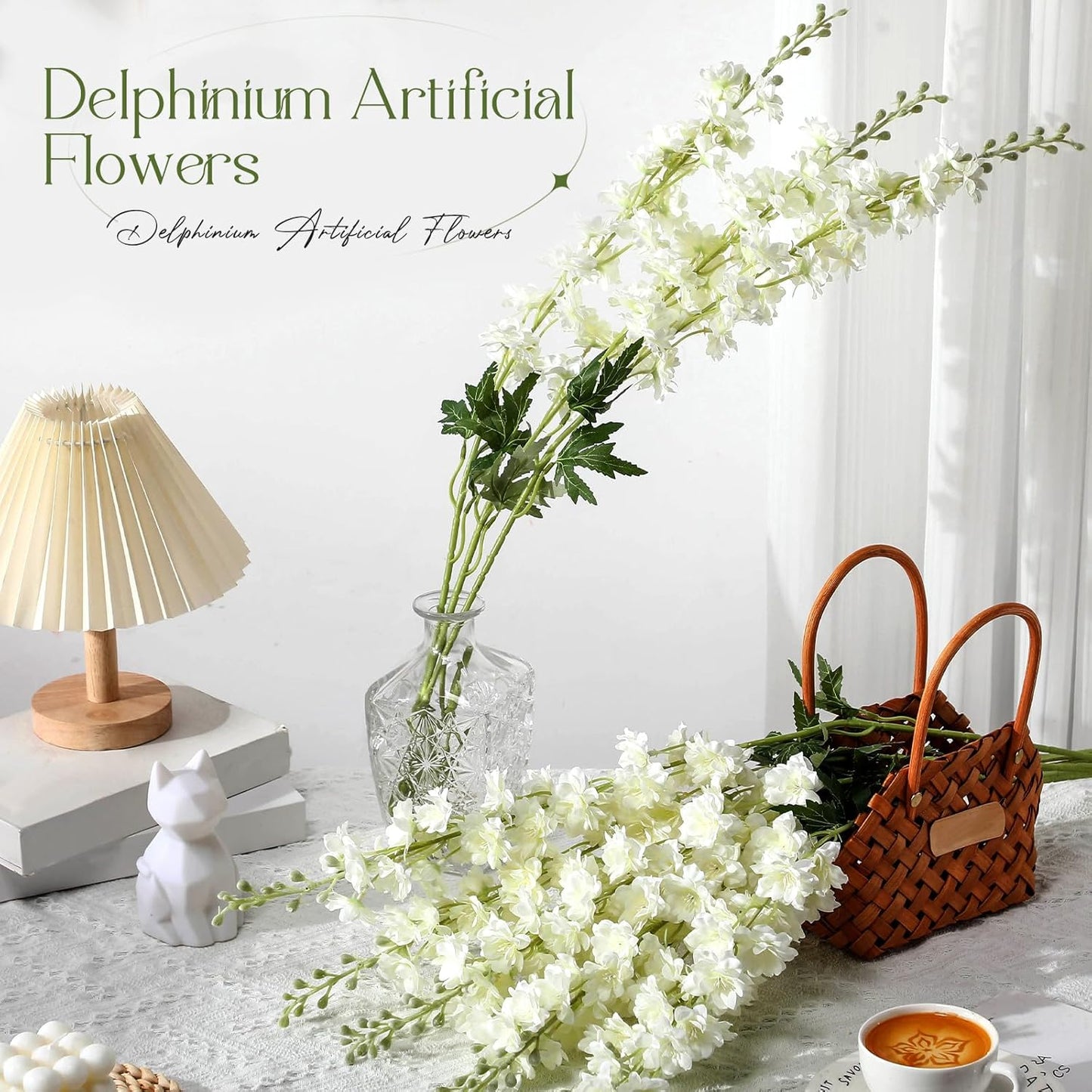 Thiccywoov 12 Pcs Delphinium Artificial Flowers, 33.5'' Long Stem Lifelike Faux Silk Flower Fake Look Real Bouquet for Tall Vase DIY Wedding Party Home Kitchen Arrangement Decor(White)