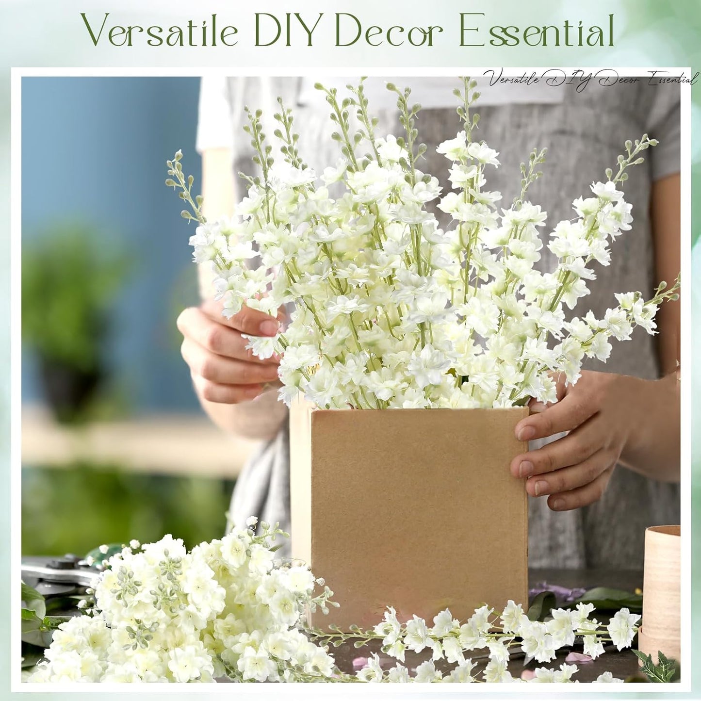 Thiccywoov 12 Pcs Delphinium Artificial Flowers, 33.5'' Long Stem Lifelike Faux Silk Flower Fake Look Real Bouquet for Tall Vase DIY Wedding Party Home Kitchen Arrangement Decor(White)