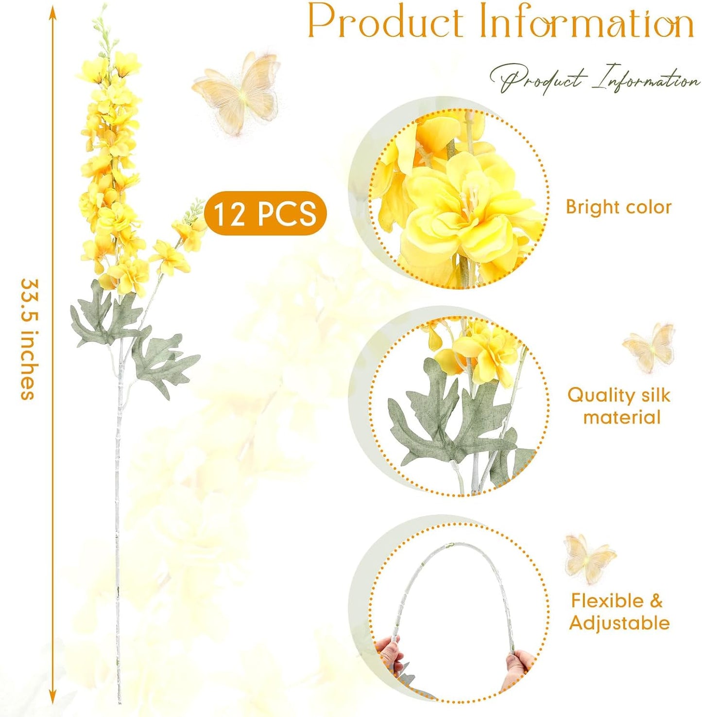 Thiccywoov 12 Pcs Delphinium Artificial Flowers, 33.5'' Long Stem Lifelike Faux Silk Flower Fake Look Real Bouquet for Tall Vase DIY Wedding Party Home Kitchen Arrangement Decor(White)
