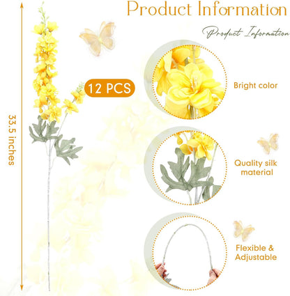 Thiccywoov 12 Pcs Delphinium Artificial Flowers, 33.5'' Long Stem Lifelike Faux Silk Flower Fake Look Real Bouquet for Tall Vase DIY Wedding Party Home Kitchen Arrangement Decor(White)