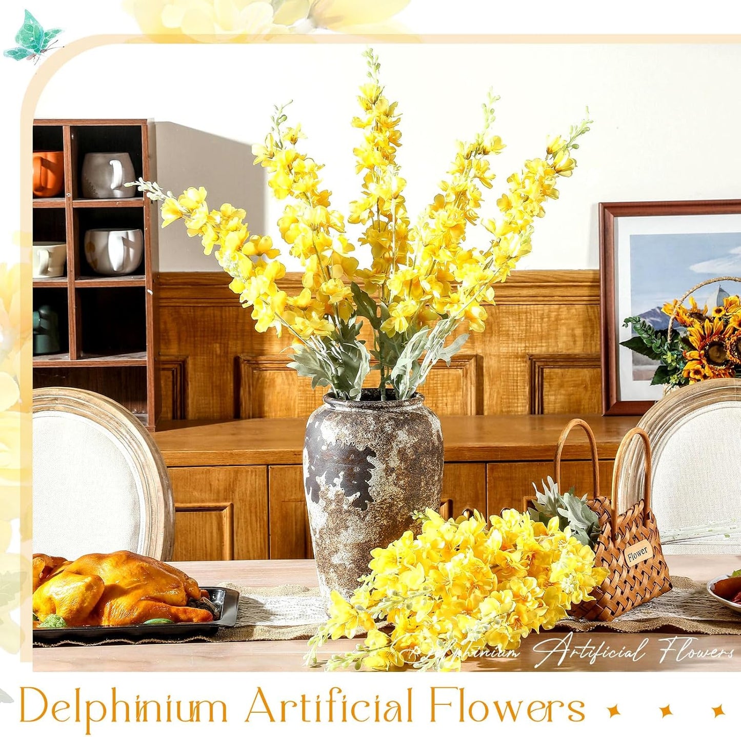 Thiccywoov 12 Pcs Delphinium Artificial Flowers, 33.5'' Long Stem Lifelike Faux Silk Flower Fake Look Real Bouquet for Tall Vase DIY Wedding Party Home Kitchen Arrangement Decor(White)