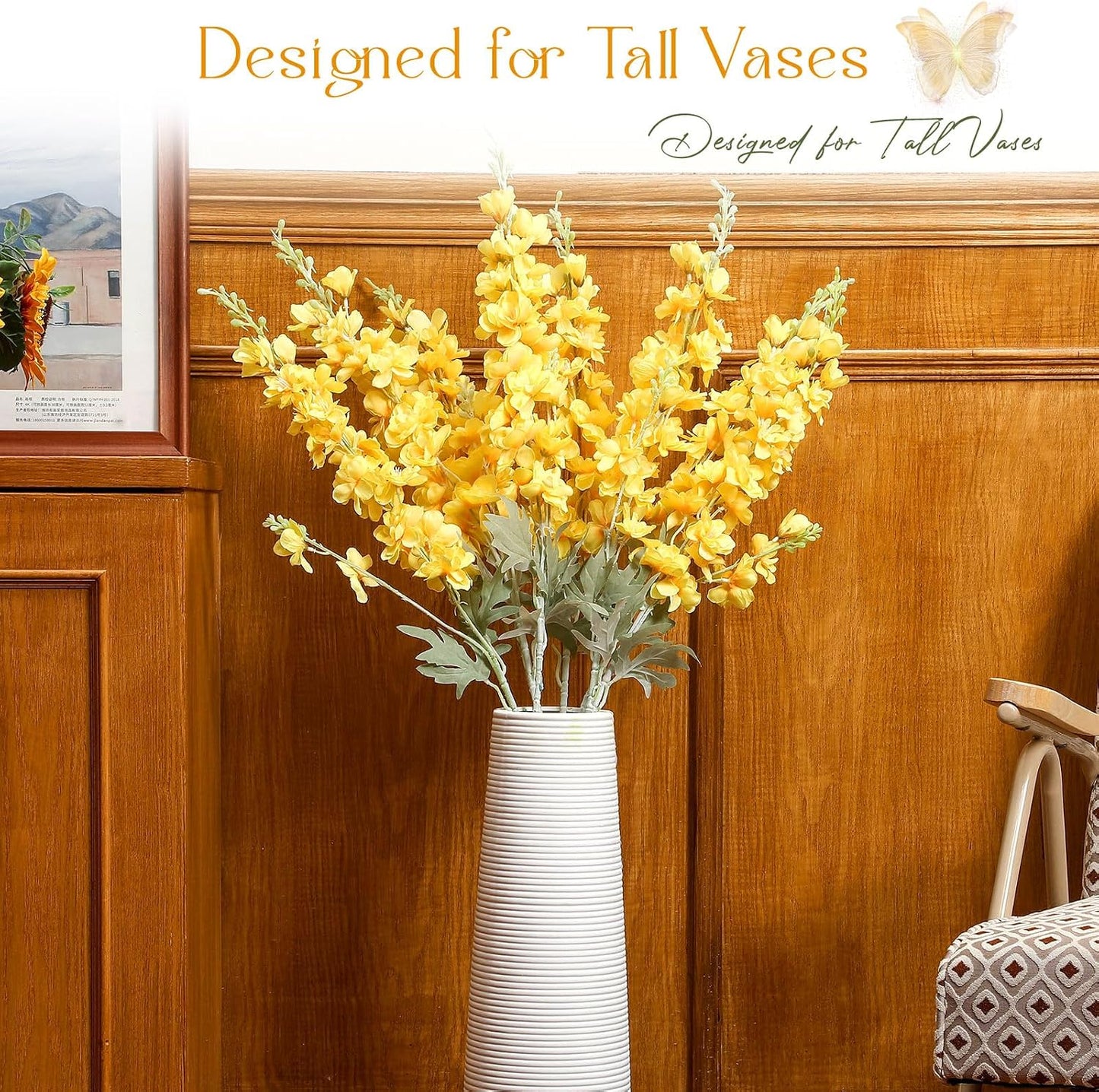 Thiccywoov 12 Pcs Delphinium Artificial Flowers, 33.5'' Long Stem Lifelike Faux Silk Flower Fake Look Real Bouquet for Tall Vase DIY Wedding Party Home Kitchen Arrangement Decor(White)