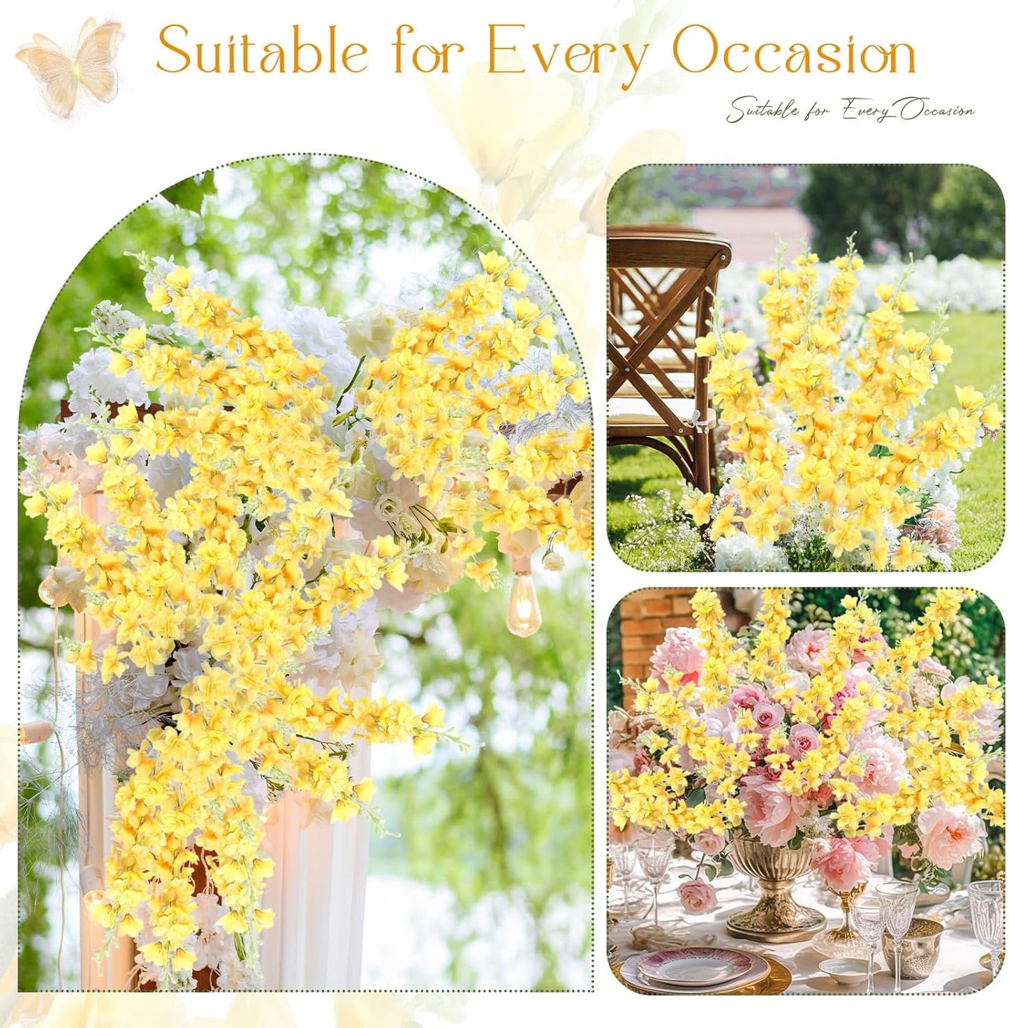 Thiccywoov 12 Pcs Delphinium Artificial Flowers, 33.5'' Long Stem Lifelike Faux Silk Flower Fake Look Real Bouquet for Tall Vase DIY Wedding Party Home Kitchen Arrangement Decor(White)