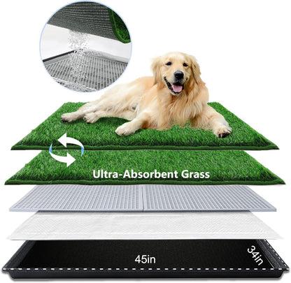 Dog Grass Pad with Tray Large 34’’×23’’, Dog Litter Box with Odor Free Artificial Grass Pee Pads for Dogs Potty Tray with Hemmed Edge, Realistic for Indoor Balcony