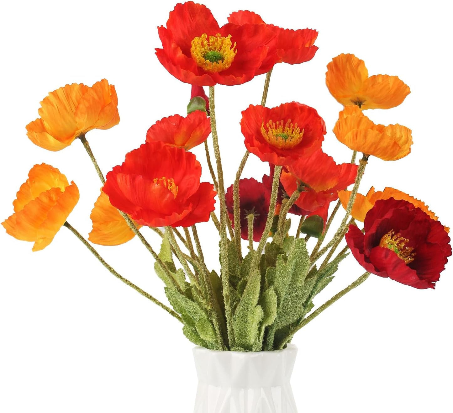 Artificial Poppies, Red and Orange Silk Poppies Artificial Flowers - 15 Blooming California Poppy Flower Artificial Plus 5 Buds for Home Decoration, RDOR5