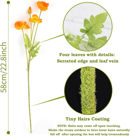 Artificial Poppies, Red and Orange Silk Poppies Artificial Flowers - 15 Blooming California Poppy Flower Artificial Plus 5 Buds for Home Decoration, RDOR5