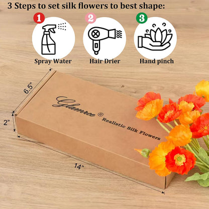 Artificial Poppies, Red and Orange Silk Poppies Artificial Flowers - 15 Blooming California Poppy Flower Artificial Plus 5 Buds for Home Decoration, RDOR5