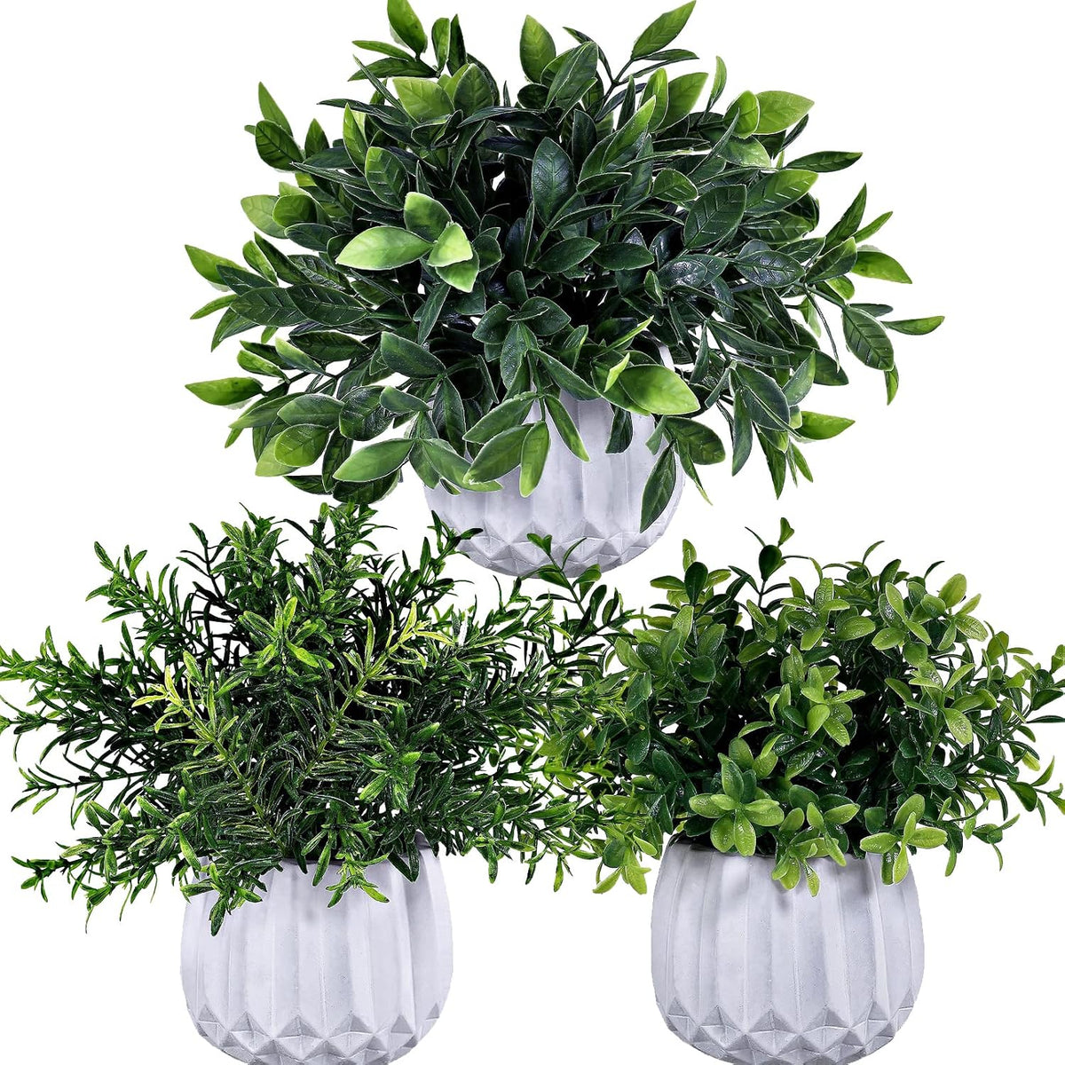 3 Pcs Faux Potted Plants Set - Artificial Eucalyptus, Rosemary, Boxwood Greenery in Small White Geometric Planters for Indoor Outdoor Desk Table Centerpiece Shelf Windowsill Home Office Decor