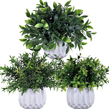 3 Pcs Faux Potted Plants Set - Artificial Eucalyptus, Rosemary, Boxwood Greenery in Small White Geometric Planters for Indoor Outdoor Desk Table Centerpiece Shelf Windowsill Home Office Decor