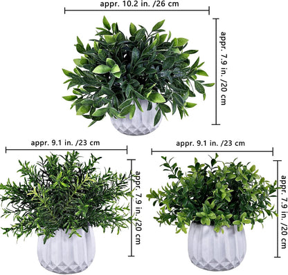 3 Pcs Faux Potted Plants Set - Artificial Eucalyptus, Rosemary, Boxwood Greenery in Small White Geometric Planters for Indoor Outdoor Desk Table Centerpiece Shelf Windowsill Home Office Decor