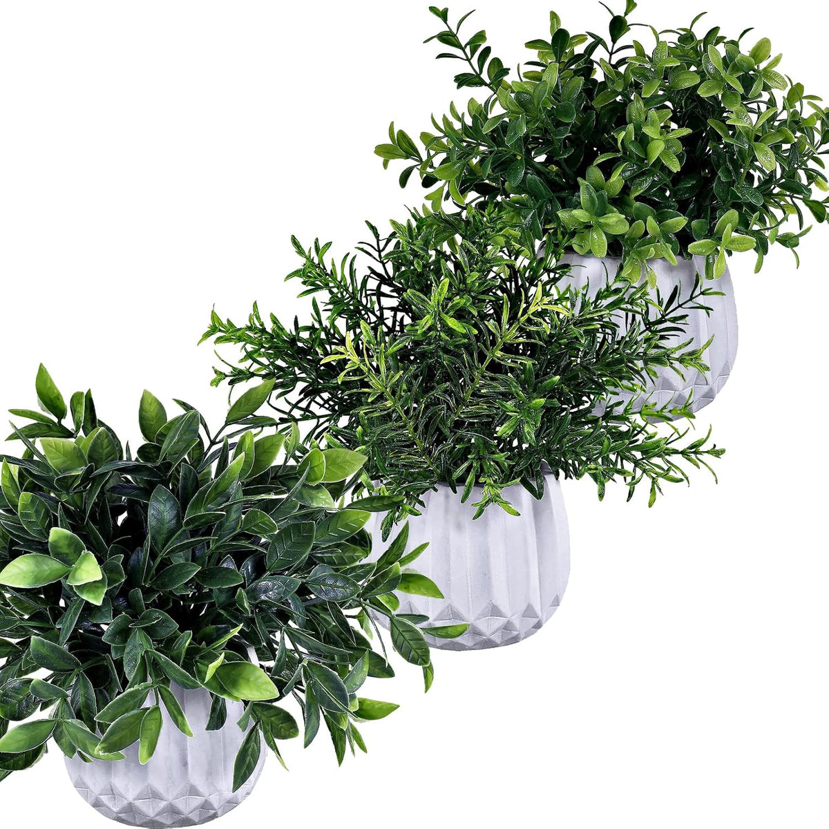 3 Pcs Faux Potted Plants Set - Artificial Eucalyptus, Rosemary, Boxwood Greenery in Small White Geometric Planters for Indoor Outdoor Desk Table Centerpiece Shelf Windowsill Home Office Decor