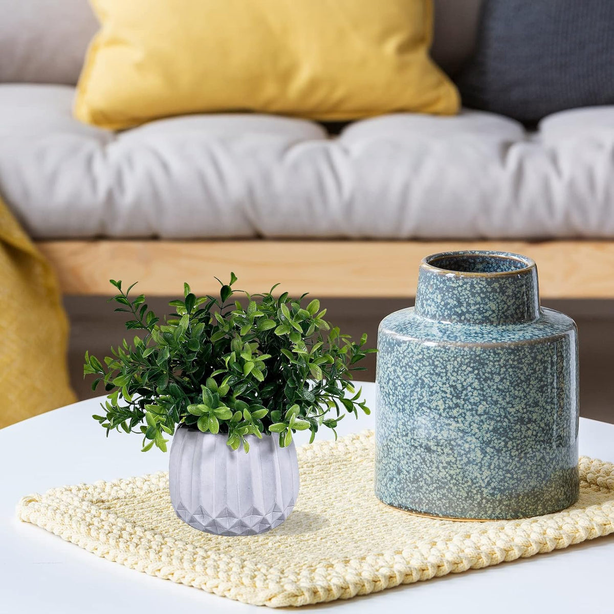 3 Pcs Faux Potted Plants Set - Artificial Eucalyptus, Rosemary, Boxwood Greenery in Small White Geometric Planters for Indoor Outdoor Desk Table Centerpiece Shelf Windowsill Home Office Decor