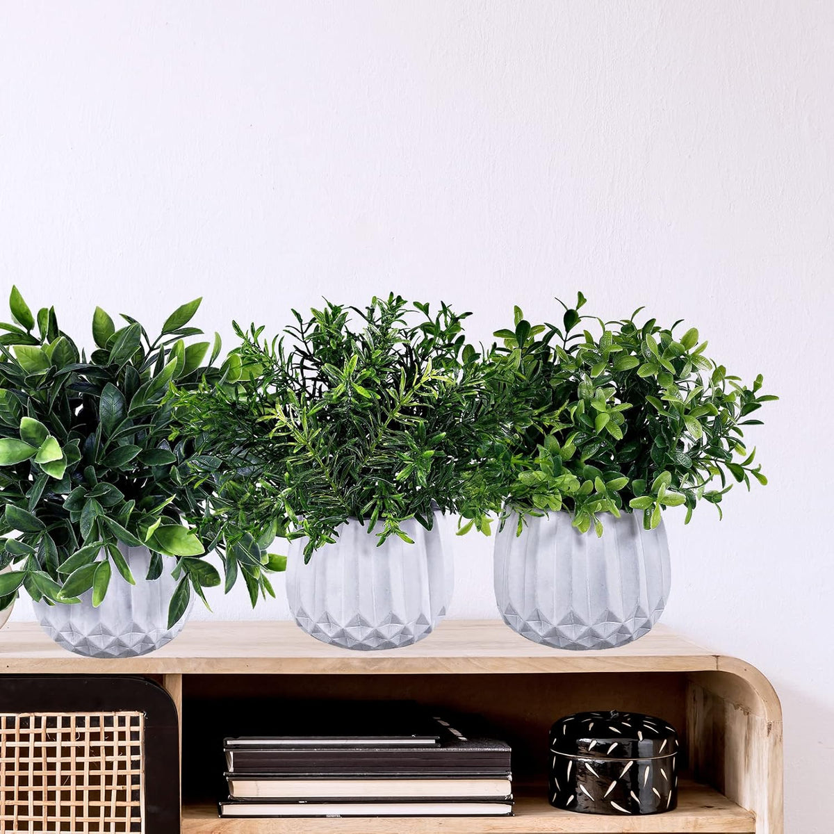 3 Pcs Faux Potted Plants Set - Artificial Eucalyptus, Rosemary, Boxwood Greenery in Small White Geometric Planters for Indoor Outdoor Desk Table Centerpiece Shelf Windowsill Home Office Decor