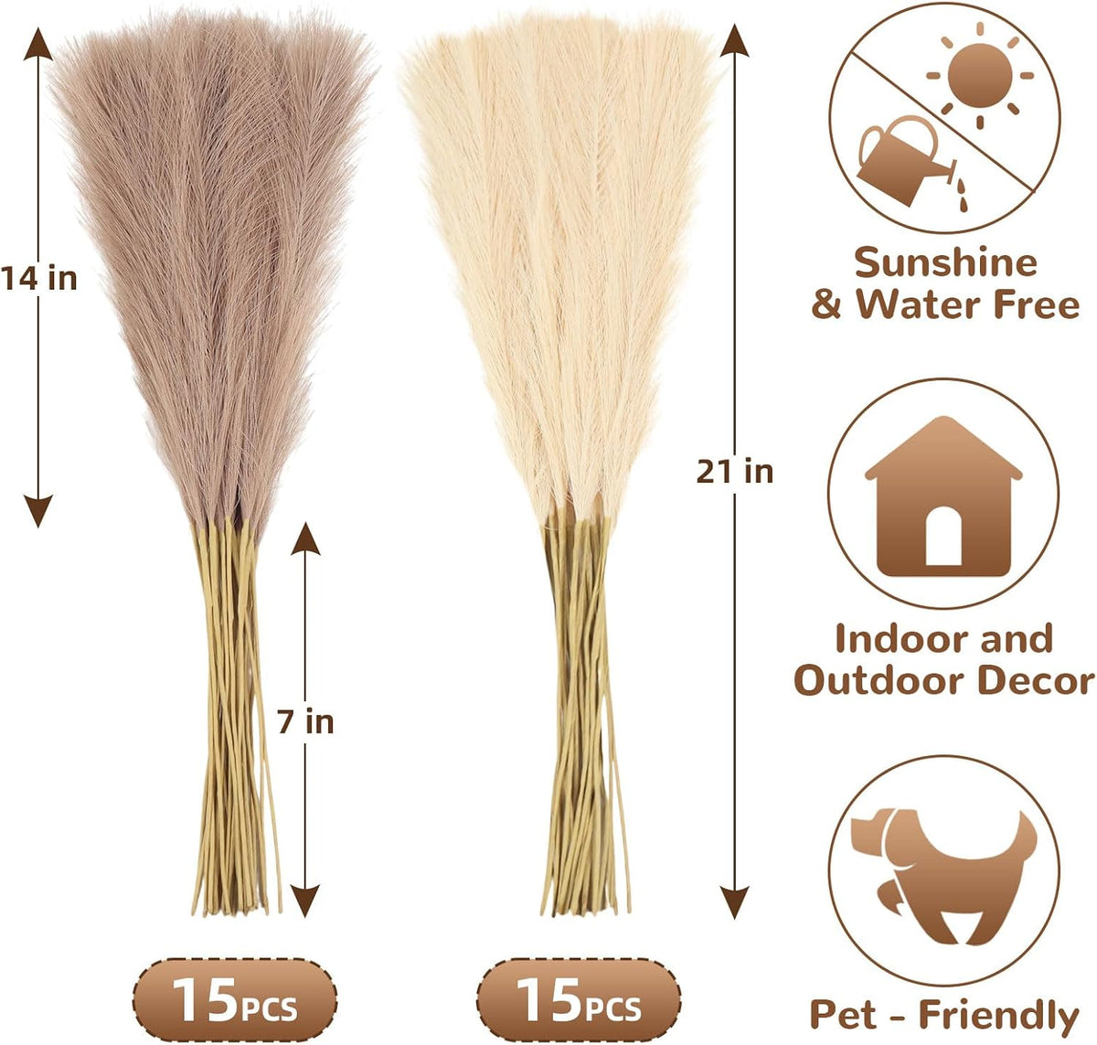 Pampas Grass Decor,21" Artificial Pompous Grass Bulk,Small Vase Filler Pompas Grass for Home Wedding Living Room Wall Party Decoration (Beige,Light Brown, 21 Inch)