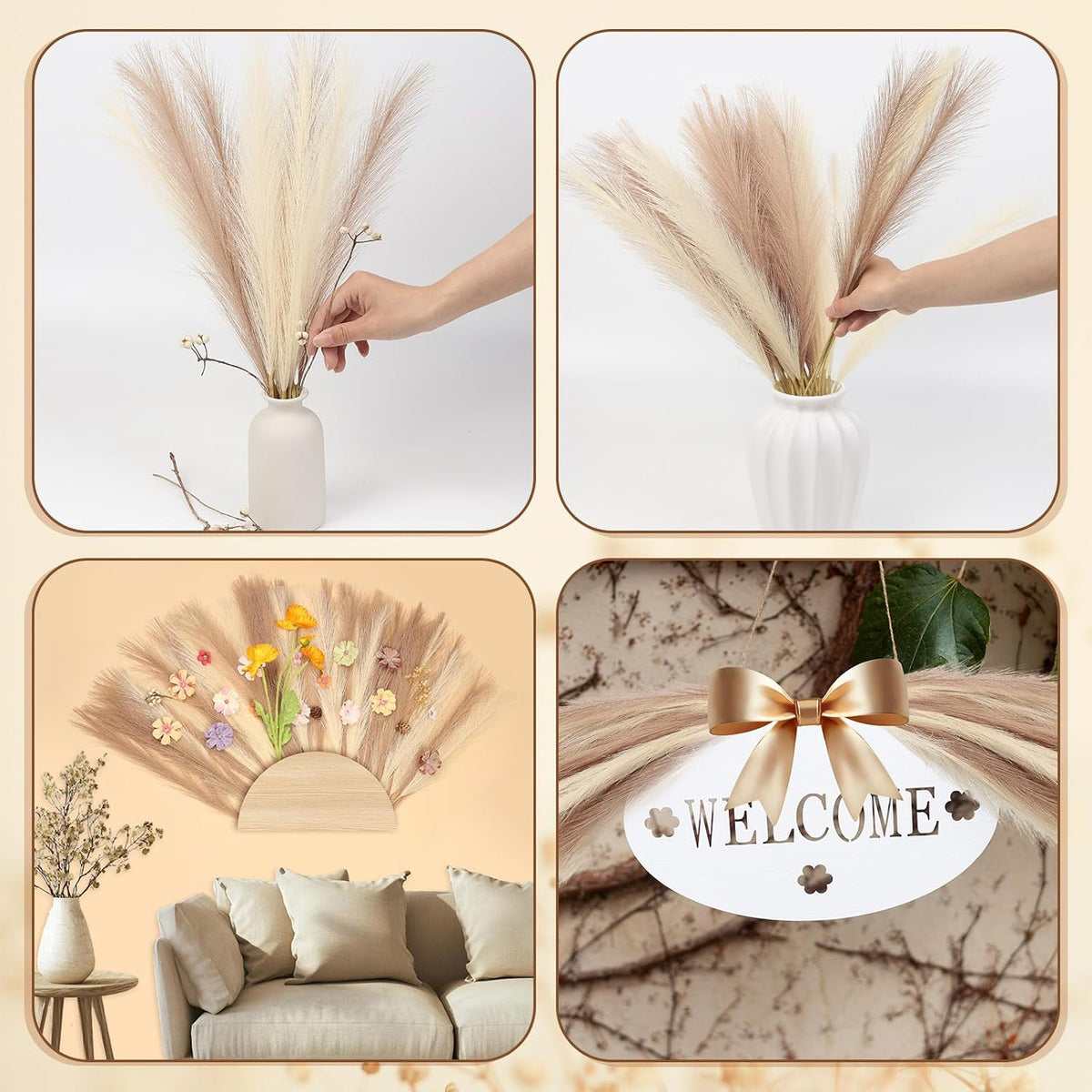 Pampas Grass Decor,21" Artificial Pompous Grass Bulk,Small Vase Filler Pompas Grass for Home Wedding Living Room Wall Party Decoration (Beige,Light Brown, 21 Inch)