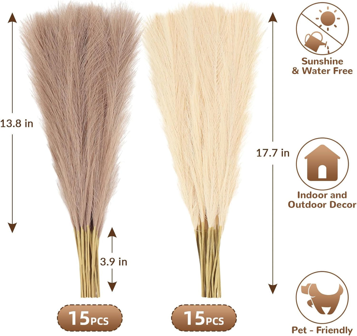 Pampas Grass Decor,21" Artificial Pompous Grass Bulk,Small Vase Filler Pompas Grass for Home Wedding Living Room Wall Party Decoration (Beige,Light Brown, 21 Inch)