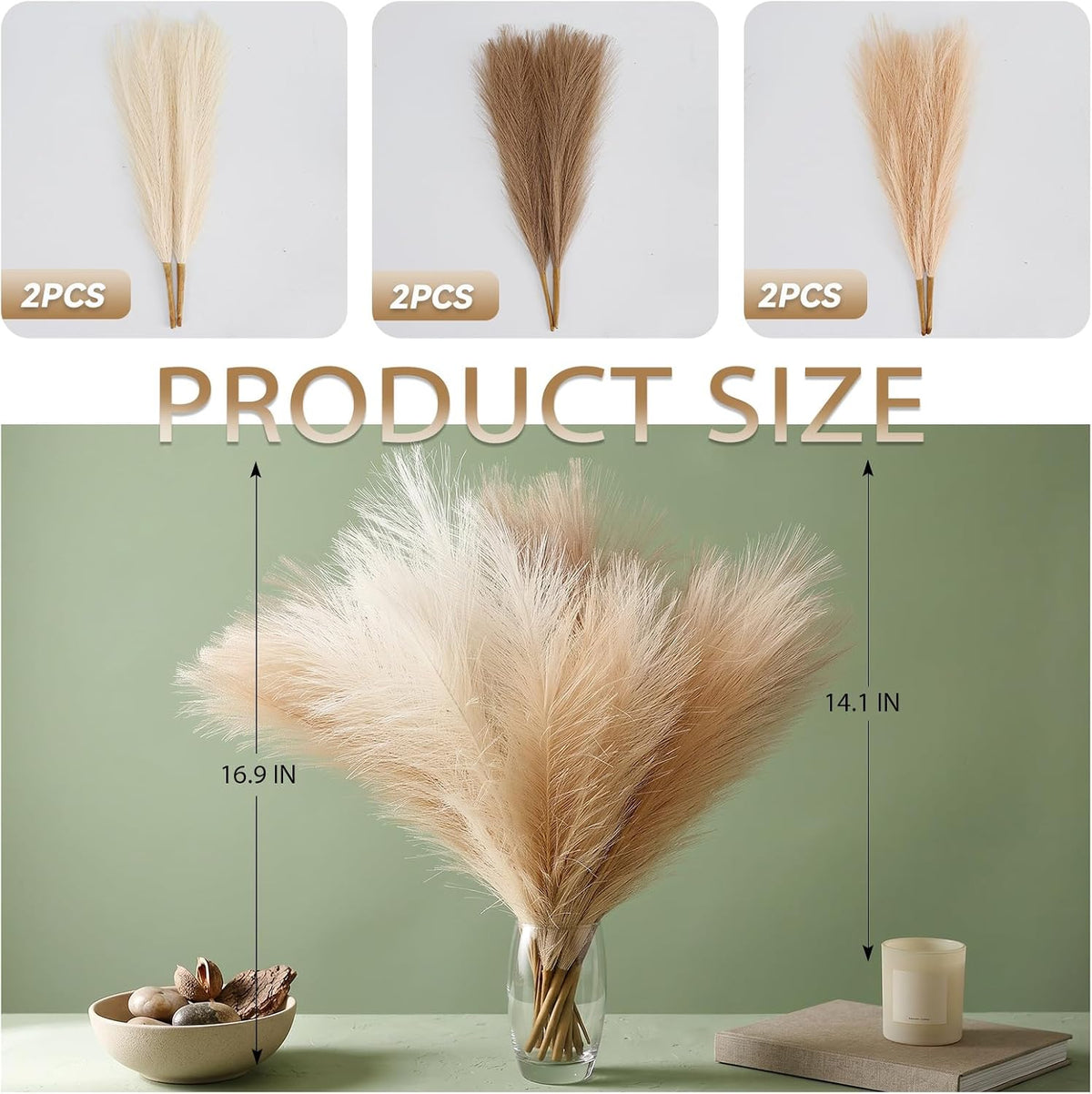 Pampas Grass Decor,21" Artificial Pompous Grass Bulk,Small Vase Filler Pompas Grass for Home Wedding Living Room Wall Party Decoration (Beige,Light Brown, 21 Inch)