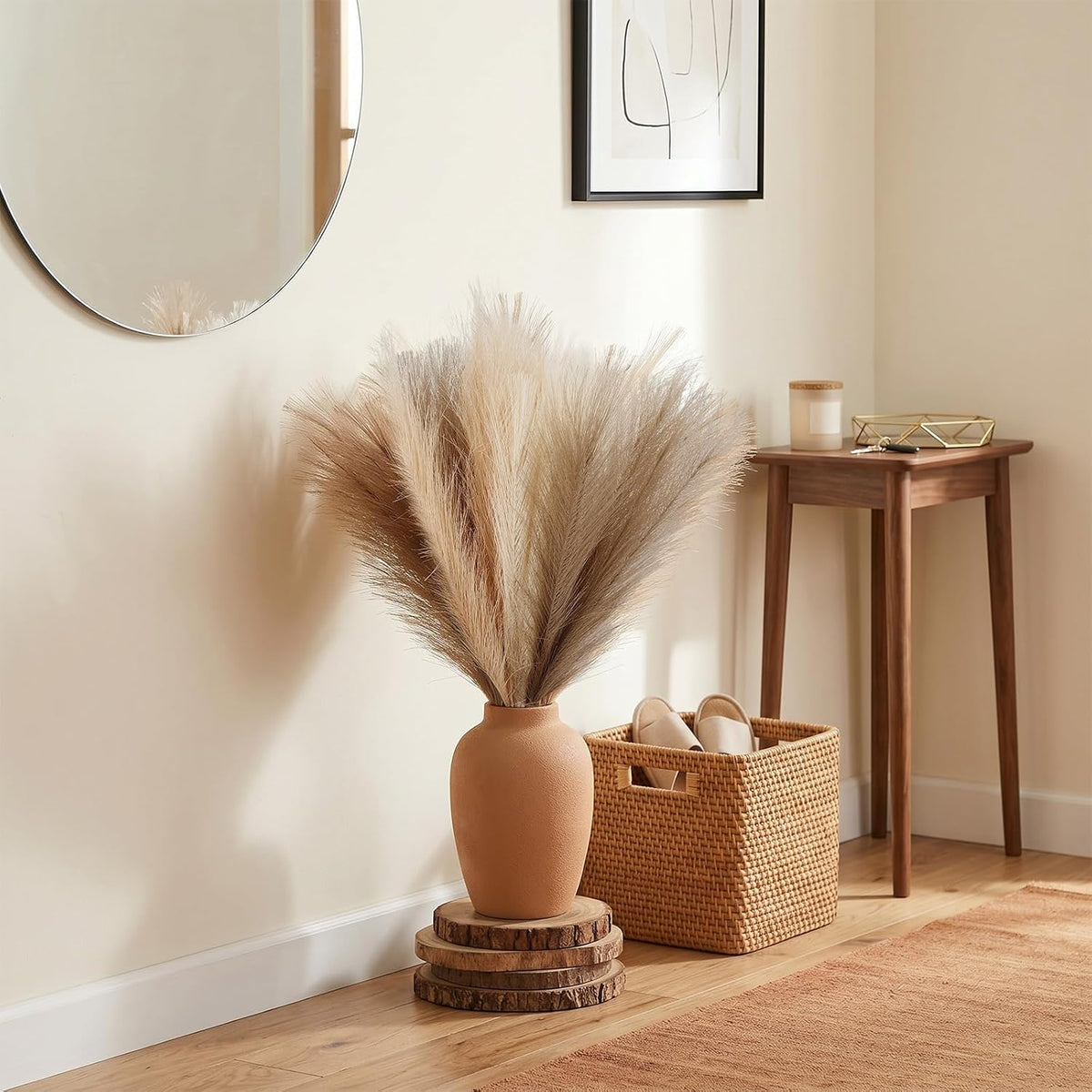 Pampas Grass Decor,21" Artificial Pompous Grass Bulk,Small Vase Filler Pompas Grass for Home Wedding Living Room Wall Party Decoration (Beige,Light Brown, 21 Inch)