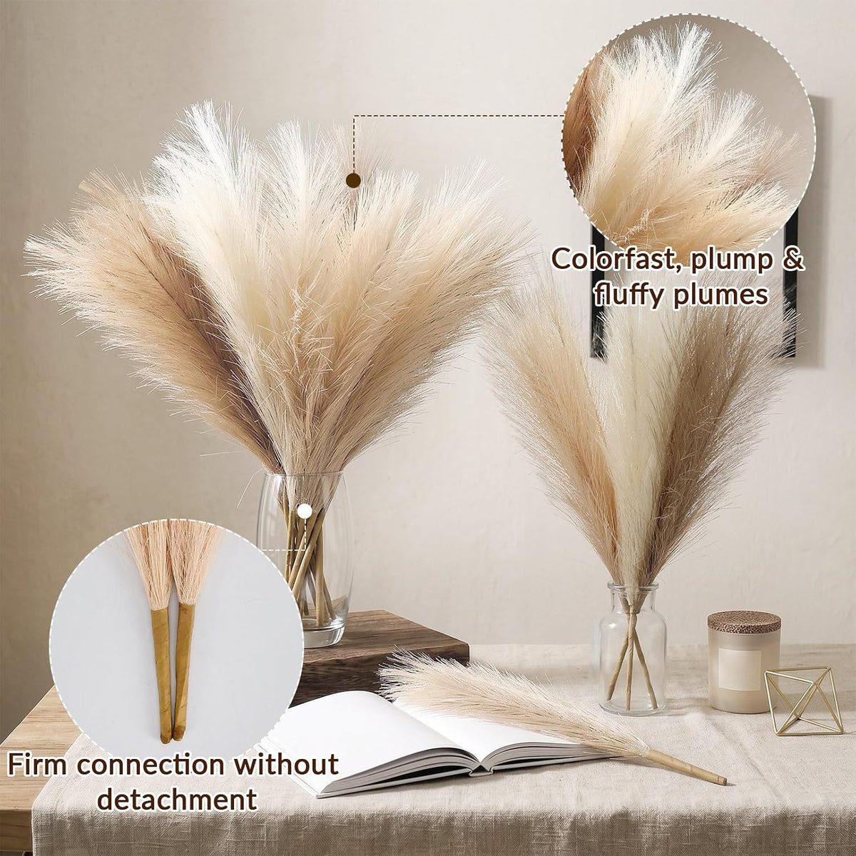 Pampas Grass Decor,21" Artificial Pompous Grass Bulk,Small Vase Filler Pompas Grass for Home Wedding Living Room Wall Party Decoration (Beige,Light Brown, 21 Inch)