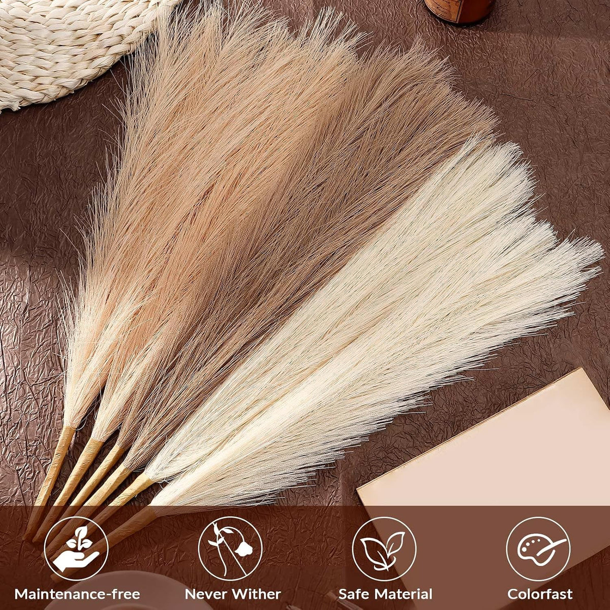 Pampas Grass Decor,21" Artificial Pompous Grass Bulk,Small Vase Filler Pompas Grass for Home Wedding Living Room Wall Party Decoration (Beige,Light Brown, 21 Inch)
