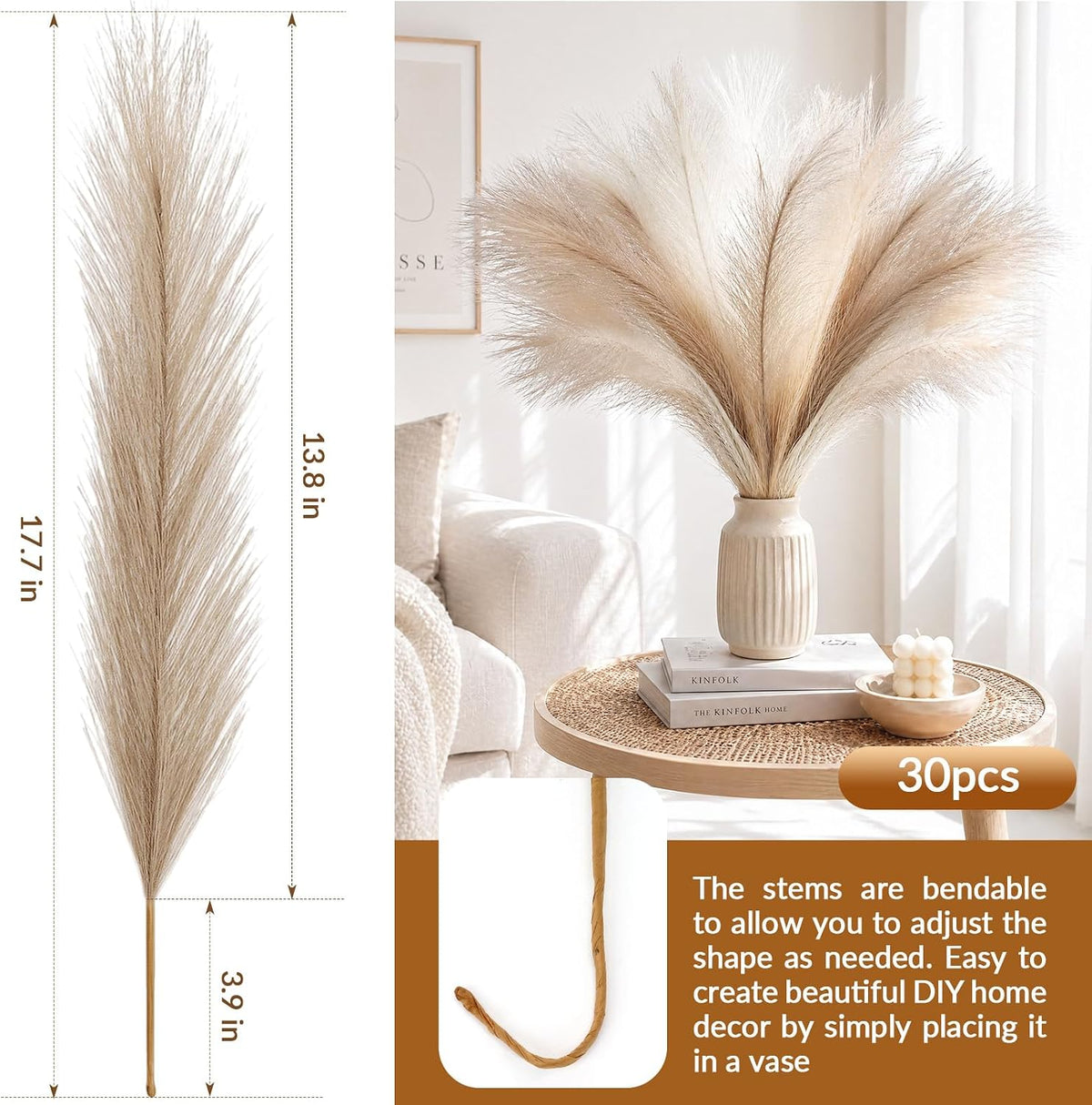 Pampas Grass Decor,21" Artificial Pompous Grass Bulk,Small Vase Filler Pompas Grass for Home Wedding Living Room Wall Party Decoration (Beige,Light Brown, 21 Inch)