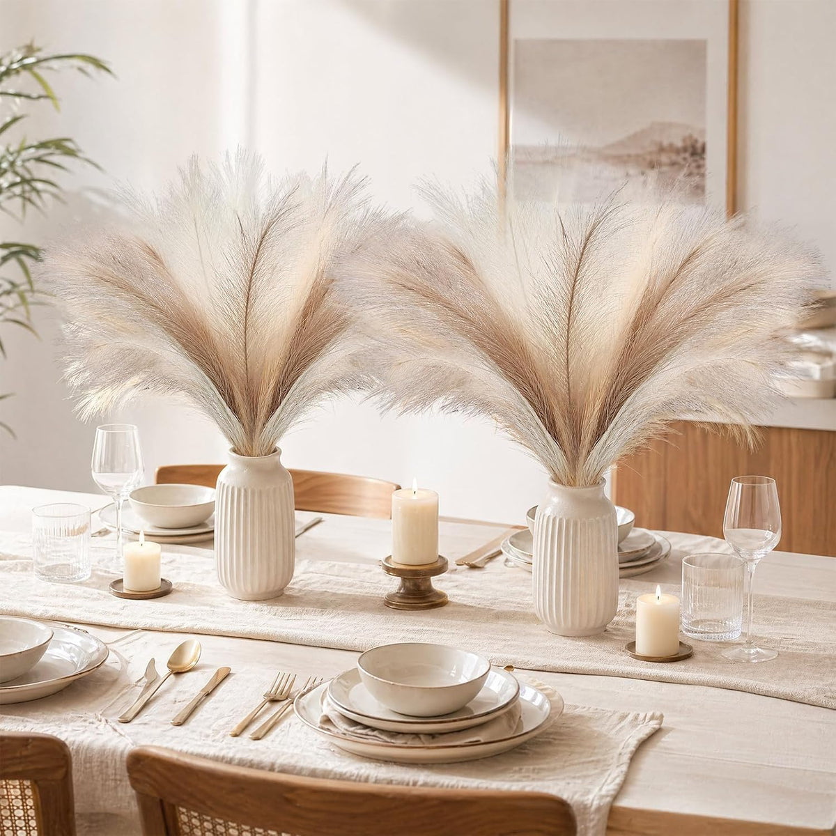 Pampas Grass Decor,21" Artificial Pompous Grass Bulk,Small Vase Filler Pompas Grass for Home Wedding Living Room Wall Party Decoration (Beige,Light Brown, 21 Inch)