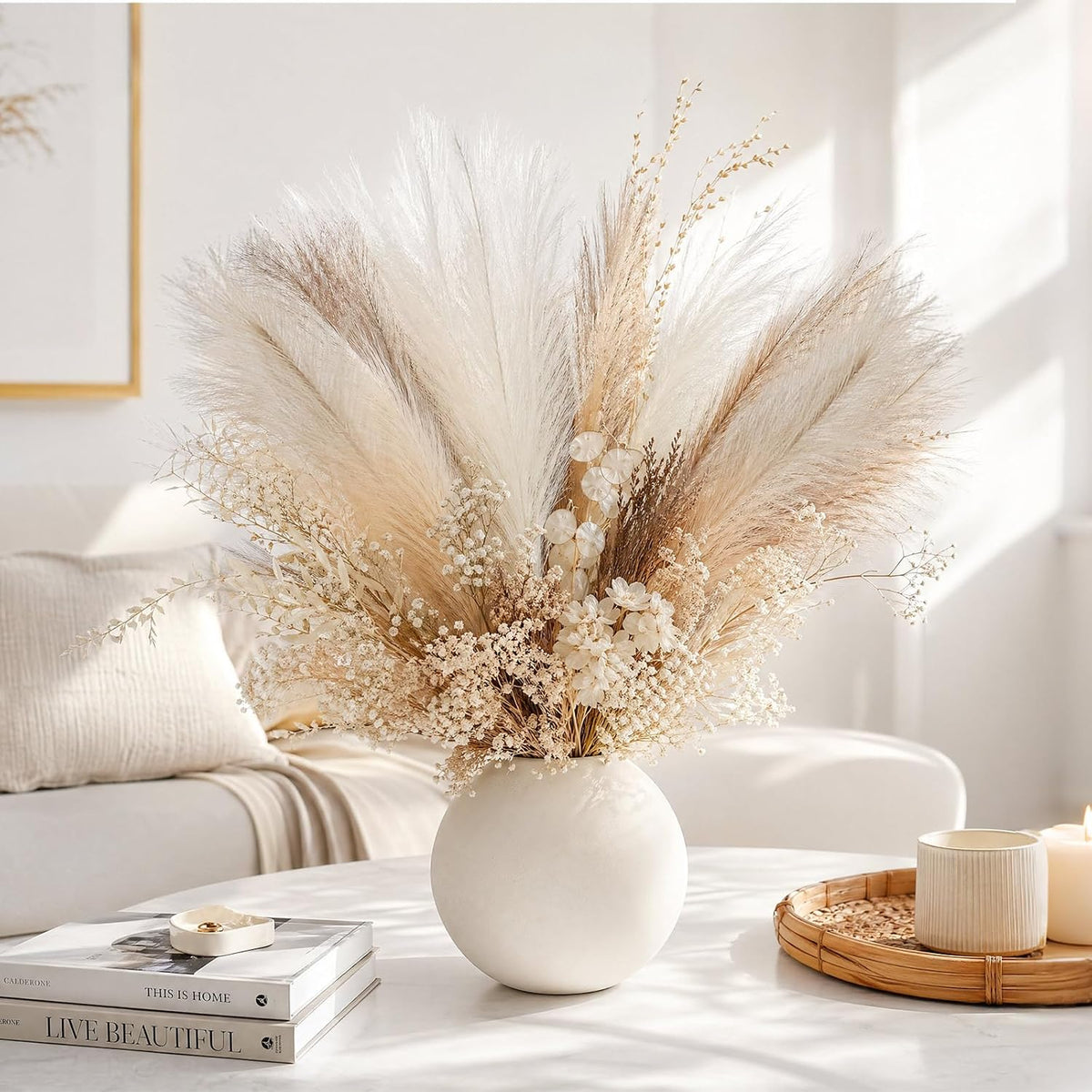 Pampas Grass Decor,21" Artificial Pompous Grass Bulk,Small Vase Filler Pompas Grass for Home Wedding Living Room Wall Party Decoration (Beige,Light Brown, 21 Inch)