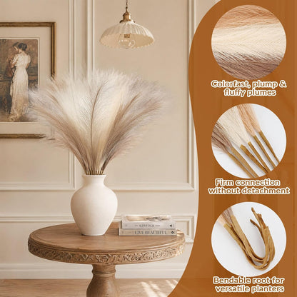 Pampas Grass Decor,21" Artificial Pompous Grass Bulk,Small Vase Filler Pompas Grass for Home Wedding Living Room Wall Party Decoration (Beige,Light Brown, 21 Inch)