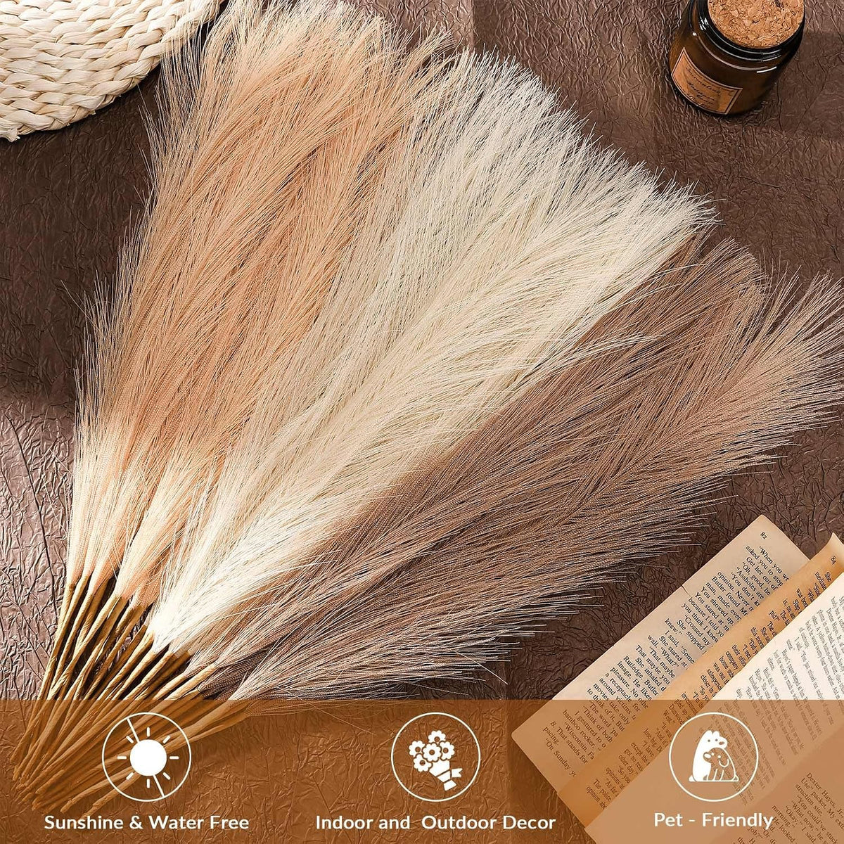 Pampas Grass Decor,21" Artificial Pompous Grass Bulk,Small Vase Filler Pompas Grass for Home Wedding Living Room Wall Party Decoration (Beige,Light Brown, 21 Inch)