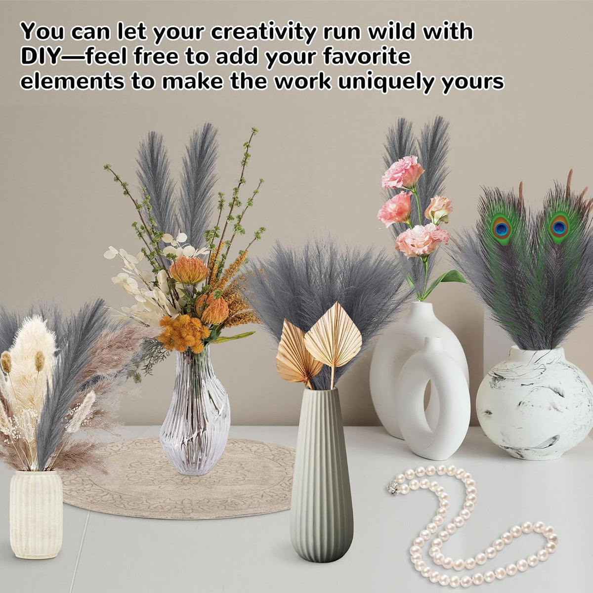 Pampas Grass Decor,21" Artificial Pompous Grass Bulk,Small Vase Filler Pompas Grass for Home Wedding Living Room Wall Party Decoration (Beige,Light Brown, 21 Inch)