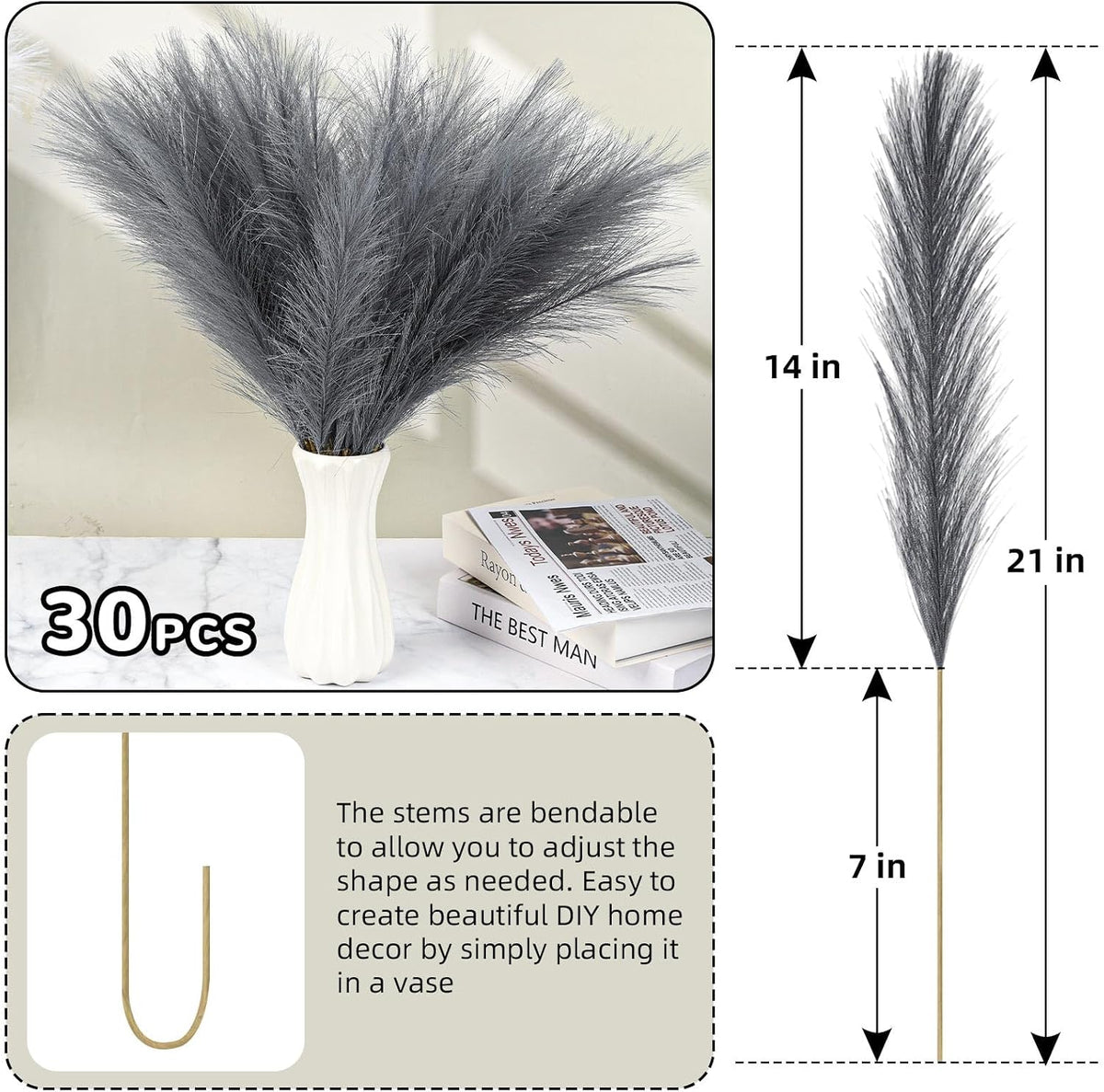 Pampas Grass Decor,21" Artificial Pompous Grass Bulk,Small Vase Filler Pompas Grass for Home Wedding Living Room Wall Party Decoration (Beige,Light Brown, 21 Inch)