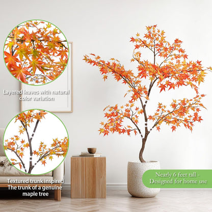 Artificial Maple Tree, 6 Feet Tall, Green Foliage, Potted Faux Plant for Indoor Outdoor Decor (Green)