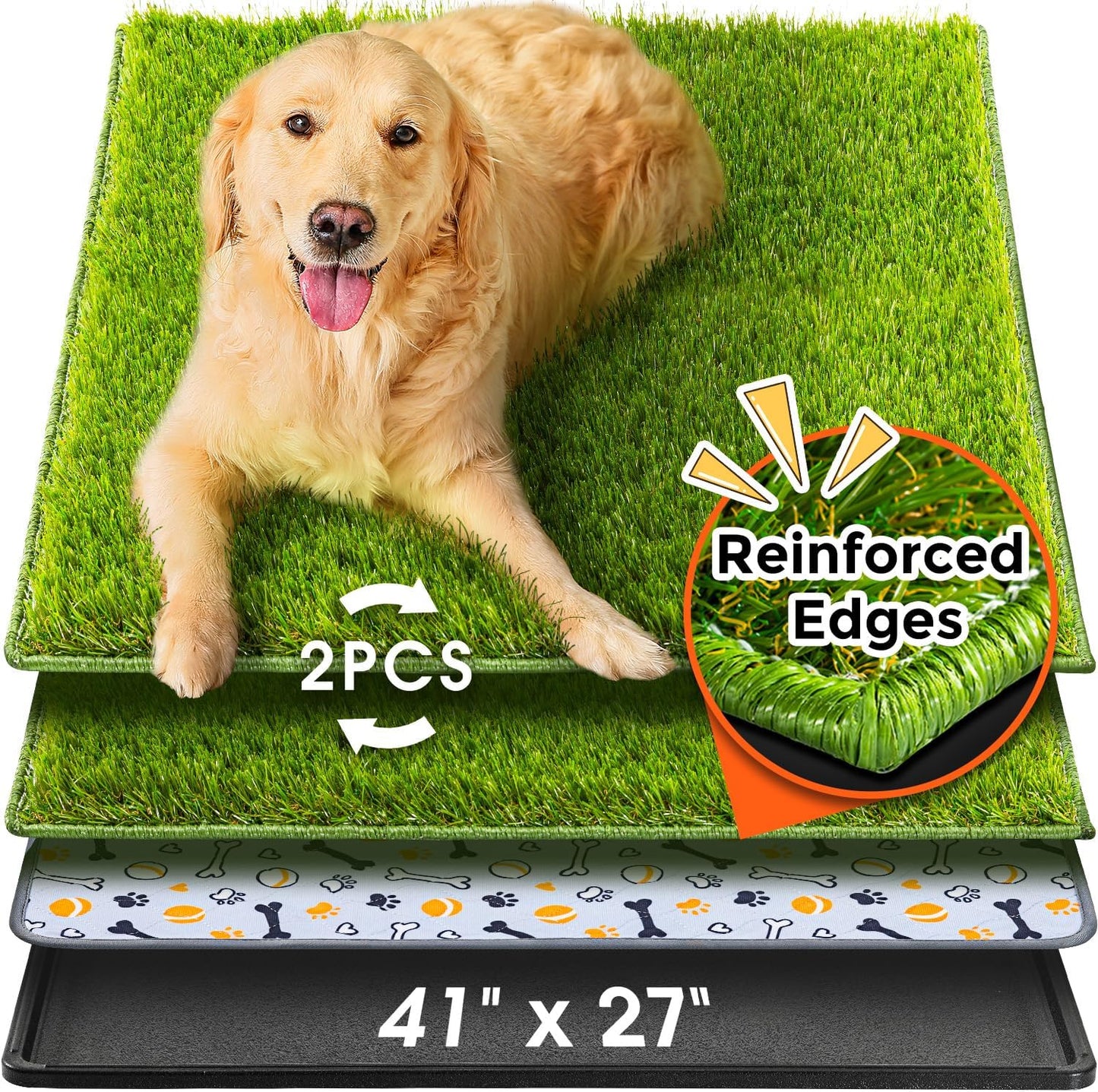 Dog Grass Pad with Tray Large, 41"x27", 2 Reusable Artificial Turf for Dogs Potty, Waterproof Non-Slip Washable Pee Pads, Quickly Absorbency Portable Dog Litter Box for Indoor/Outdoor Use