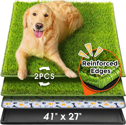 Dog Grass Pad with Tray Large, 41"x27", 2 Reusable Artificial Turf for Dogs Potty, Waterproof Non-Slip Washable Pee Pads, Quickly Absorbency Portable Dog Litter Box for Indoor/Outdoor Use