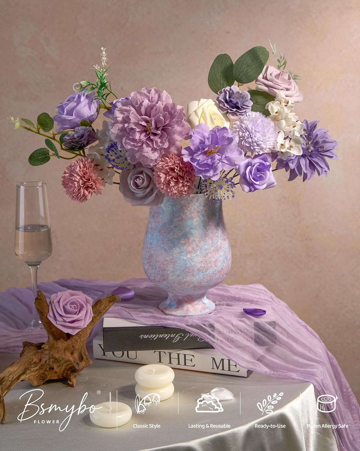 Artificial Flowers Combo Box Purple Fake Rose Flower for Wedding Decoration