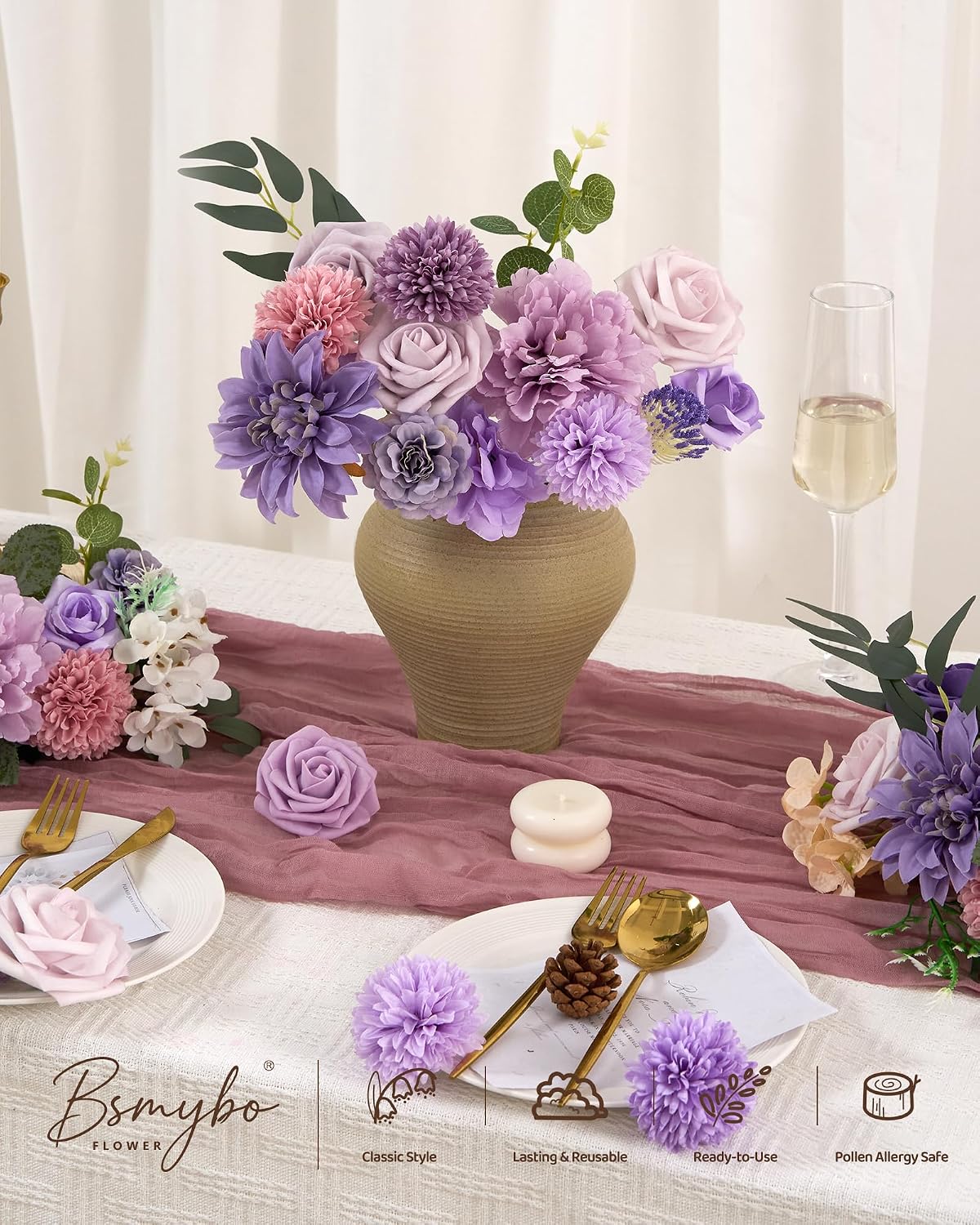 Artificial Flowers Combo Box Purple Fake Rose Flower for Wedding Decoration
