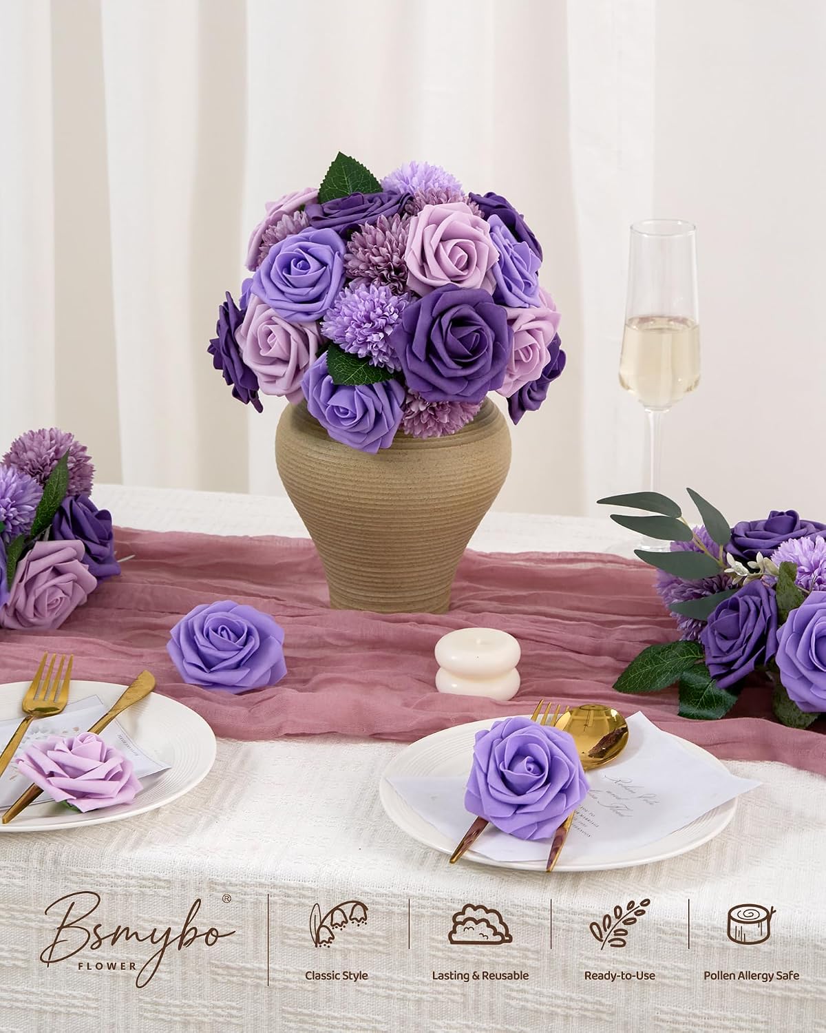Artificial Flowers Combo Box Purple Fake Rose Flower for Wedding Decoration