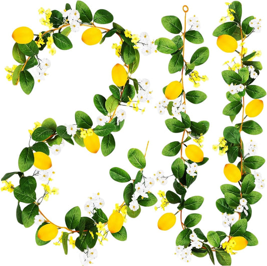 2PCS Artificial Lemon Garland (11Ft Total), Faux Fruit Vine with Greenery for Wedding Party, Wall Mantle Table Decor, Spring Summer Kitchen Door Decoration