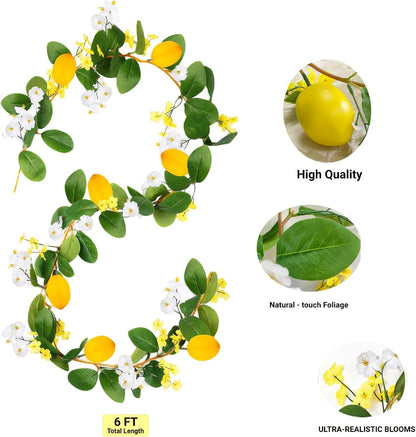 2PCS Artificial Lemon Garland (11Ft Total), Faux Fruit Vine with Greenery for Wedding Party, Wall Mantle Table Decor, Spring Summer Kitchen Door Decoration