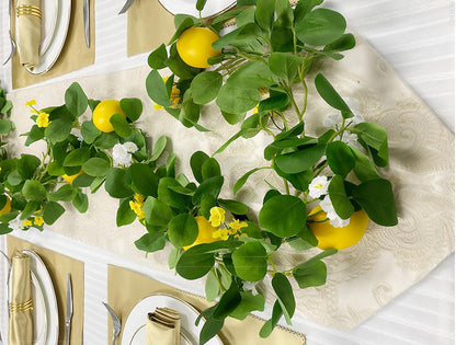 2PCS Artificial Lemon Garland (11Ft Total), Faux Fruit Vine with Greenery for Wedding Party, Wall Mantle Table Decor, Spring Summer Kitchen Door Decoration