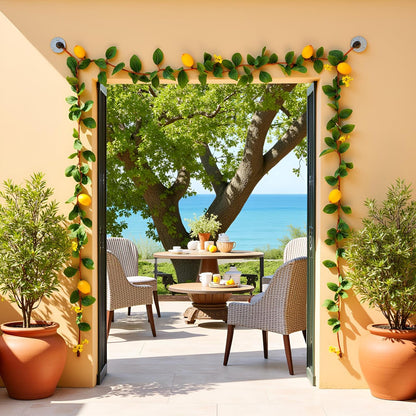 2PCS Artificial Lemon Garland (11Ft Total), Faux Fruit Vine with Greenery for Wedding Party, Wall Mantle Table Decor, Spring Summer Kitchen Door Decoration
