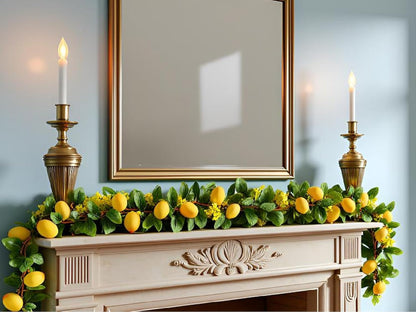 2PCS Artificial Lemon Garland (11Ft Total), Faux Fruit Vine with Greenery for Wedding Party, Wall Mantle Table Decor, Spring Summer Kitchen Door Decoration