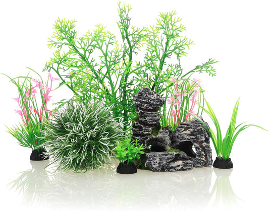 Aquarium Fish Tank Plastic Plants and Cave Rock Decorations Decor Set 7 Pieces, Small and Large Artificial Fish Tank Plants with Cave Rock (CU89Red-7)