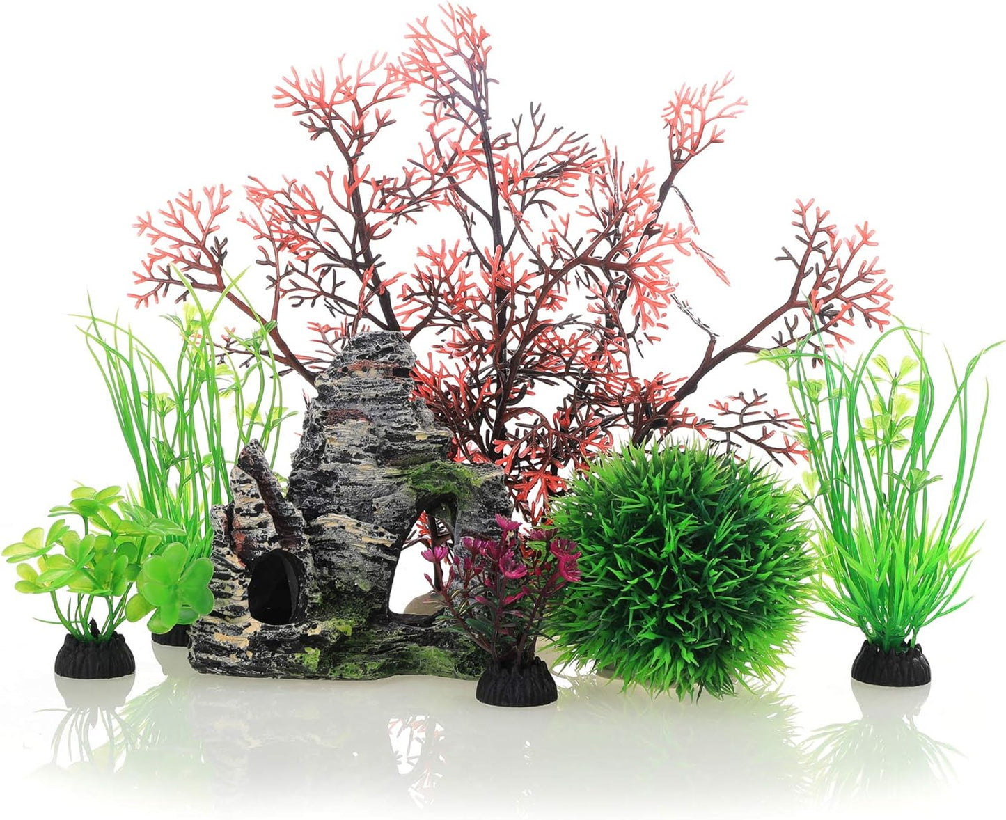 Aquarium Fish Tank Plastic Plants and Cave Rock Decorations Decor Set 7 Pieces, Small and Large Artificial Fish Tank Plants with Cave Rock (CU89Red-7)