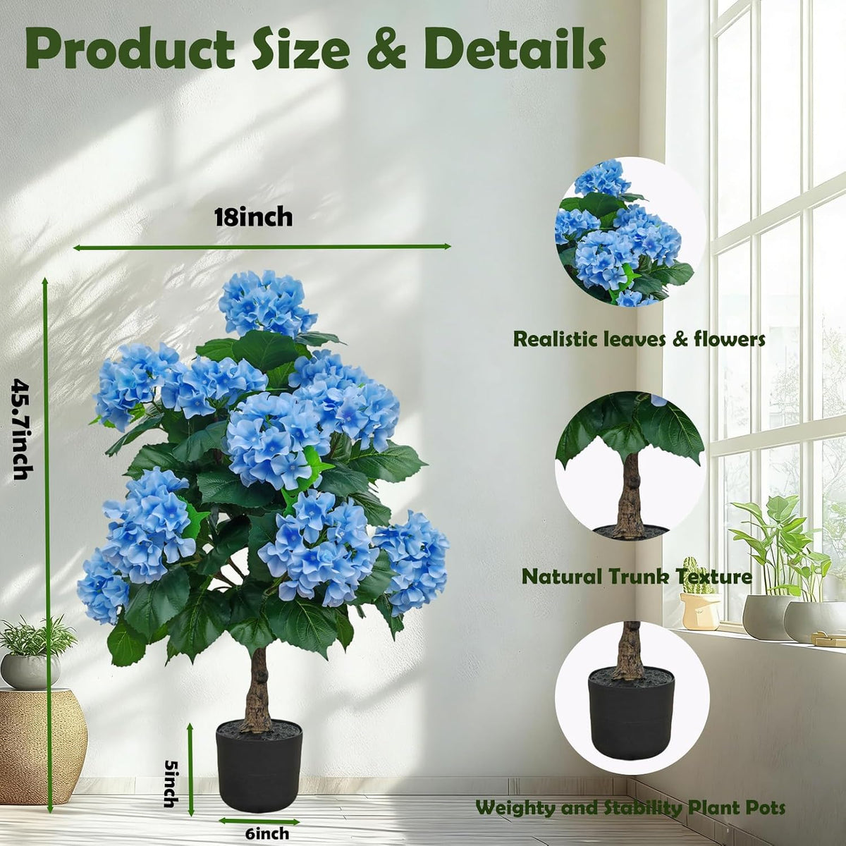 Hydrangea Artificial Trees Potted for Outdoor Indoor,3FT Realistic Faux Hydrangea Plants in Pot Silk Flowers Tree,UV Resistant Fake Tree Bushes Topiary for Garden Office Home Porch Front