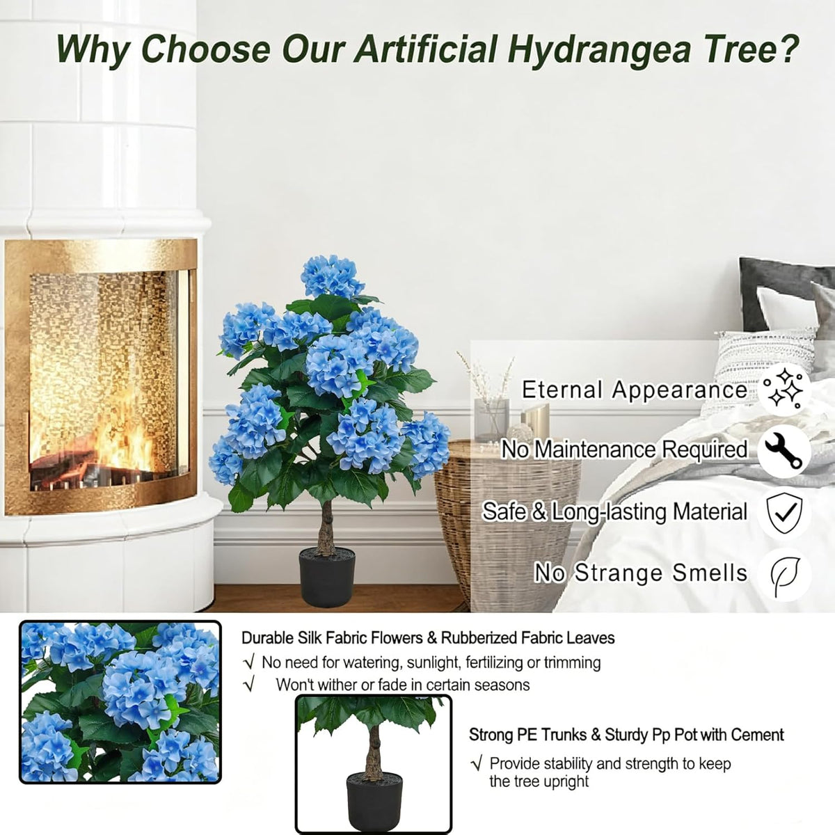 Hydrangea Artificial Trees Potted for Outdoor Indoor,3FT Realistic Faux Hydrangea Plants in Pot Silk Flowers Tree,UV Resistant Fake Tree Bushes Topiary for Garden Office Home Porch Front