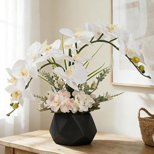Artificial Potted Orchid Flower for Table Centerpieces,Real Touch White Fake Orchid Flowers in Vase for Home Decoration (Style 2,Black Vase)