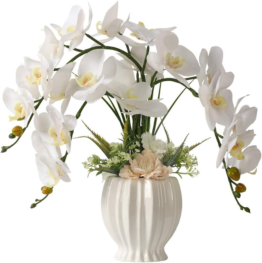 Artificial Potted Orchid Flower for Table Centerpieces,Real Touch White Fake Orchid Flowers in Vase for Home Decoration (Style 2,Black Vase)